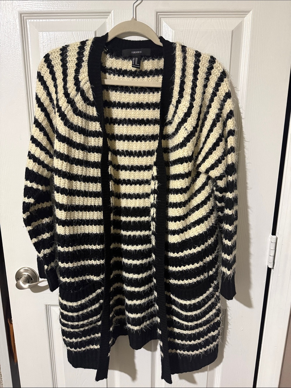 Forever 21 Black and Cream Striped Fuzzy Open-Front Cardigan
